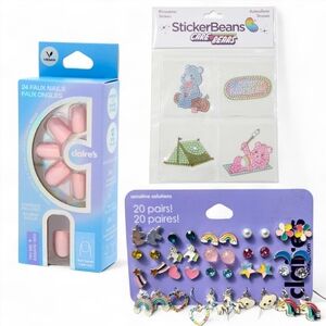 Rainbow Unicorn Earrings 20 Pack + Care Bears Sticker Set + Pink Glazed Nails